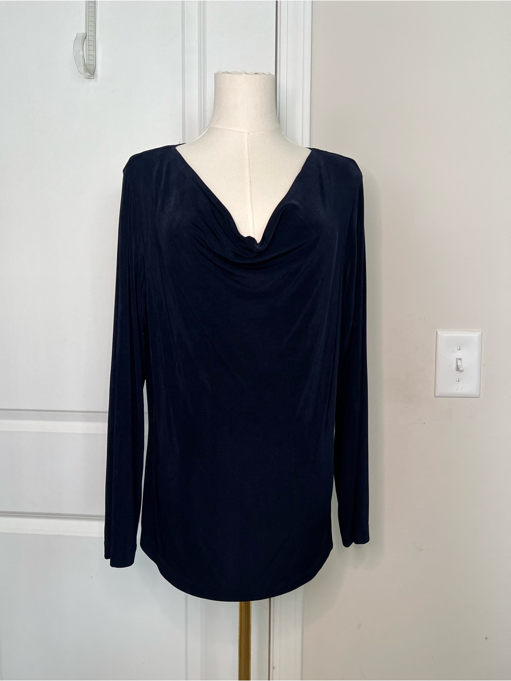 Chico's Travelers Navy Draped Cowl Neck Long Sleeve Blouse Sz 2~L Career Casual